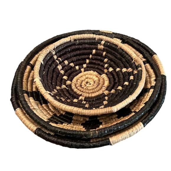 Handmade Seagrass Basket Set Black Tan Star Pattern Boho Rustic Country Africa - Picture 2 of 12